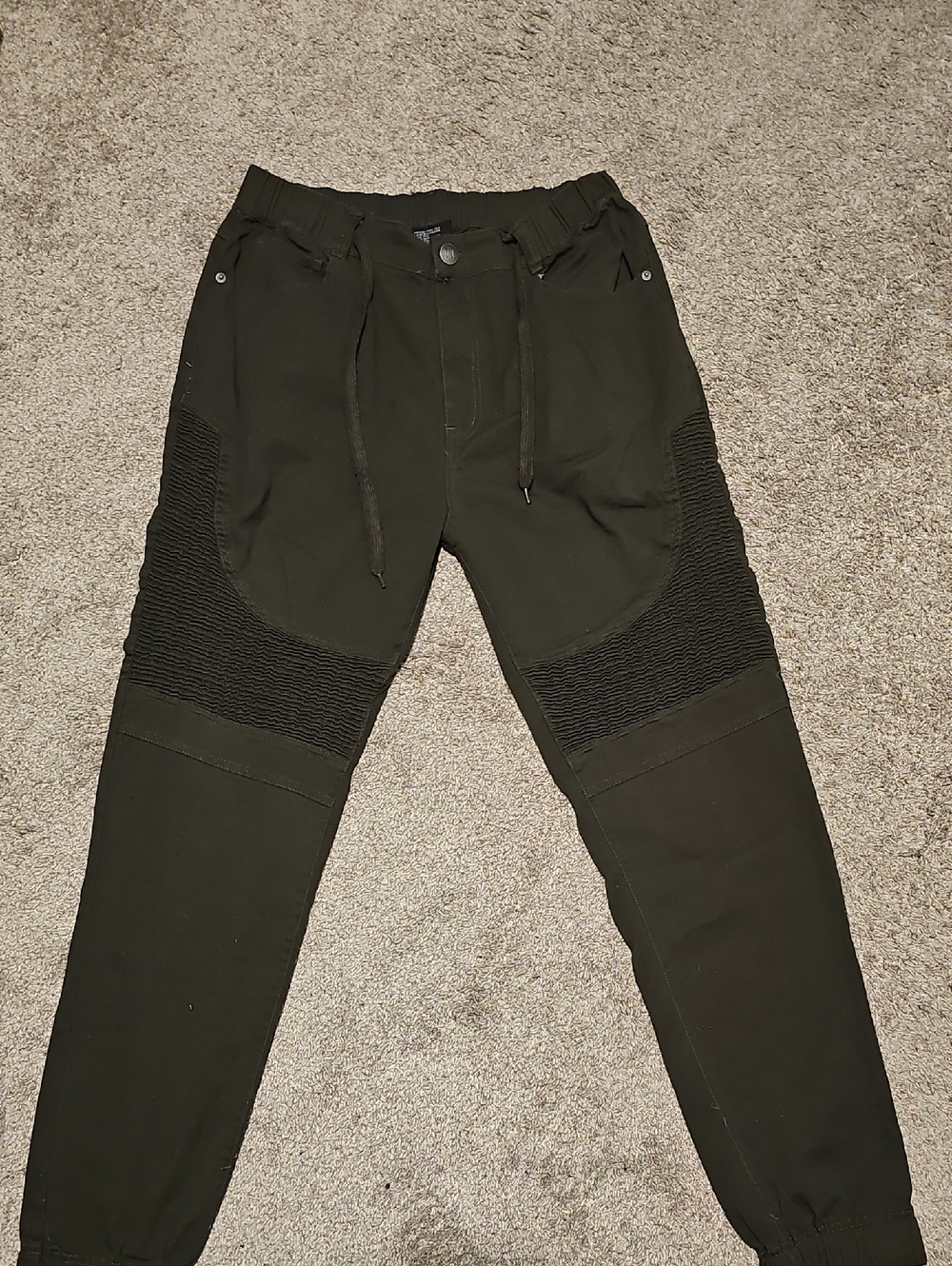Men's Dark Olive Ribbed Knee Joggers with Drawstring Waist